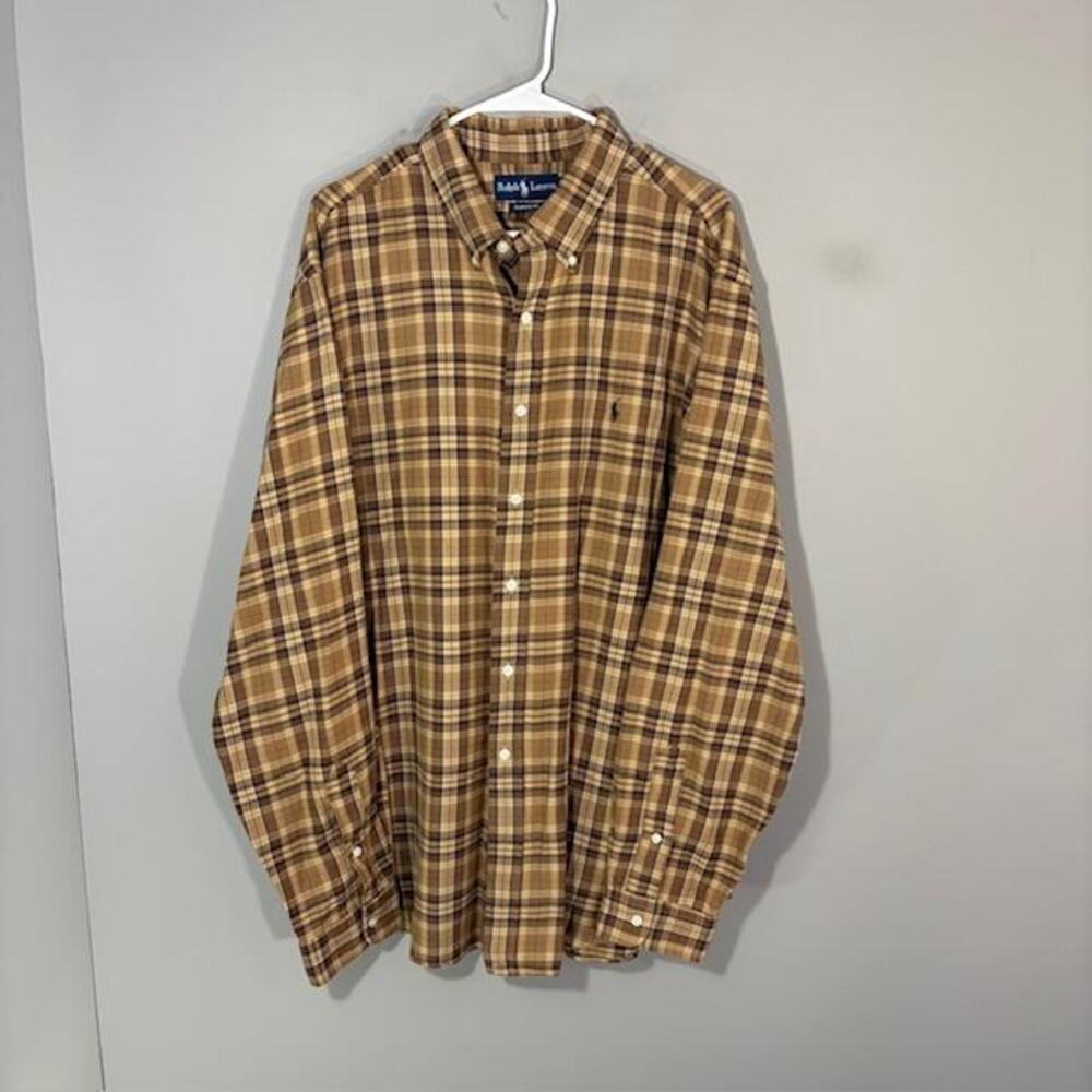 Ralph Lauren Shirt Mens 2XL Brown Plaid Flannel Long Sleeve Button Up Classic